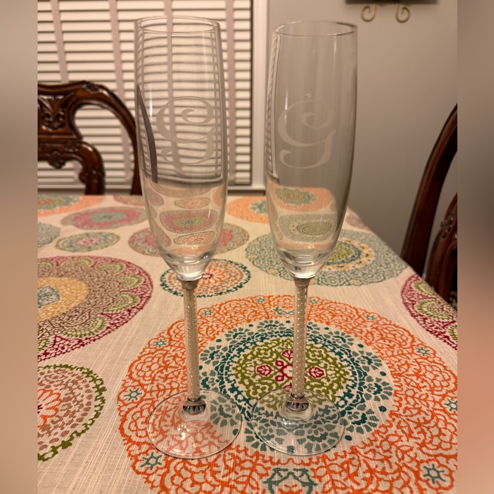 Elegant Clear Champagne Flutes w/ “G” monogram and pearls in the stem